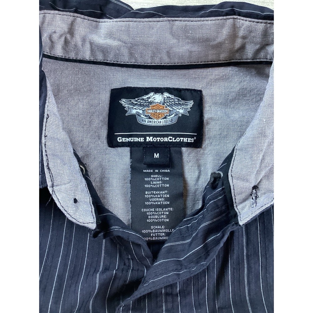 Harley Davidson Mens Sz M LS Black gray Pinstripe 2 Pockets Metal Logo Plaque - Picture 10 of 15